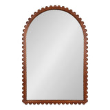Arched wall mirror with a warm brown wooden frame featuring evenly spaced rounded bead detailing around the perimeter.