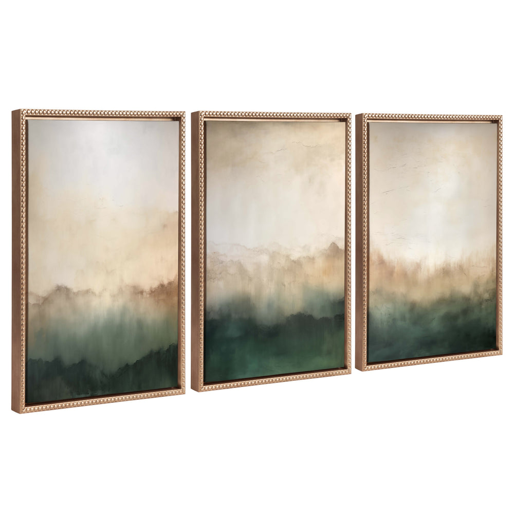 Sylvie Green Mountain Abstract I, II and III framed canvas art set showing layered green mountains with soft misty brushstrokes