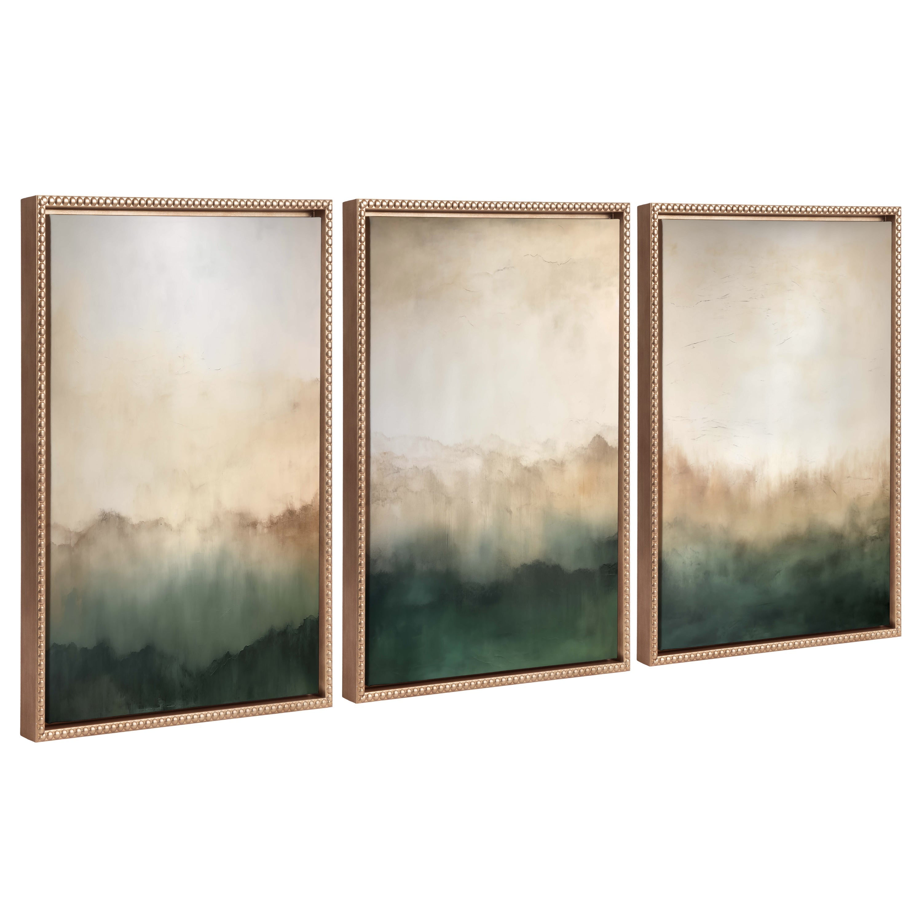 Sylvie Green Mountain Abstract I, II and III framed canvas art set showing layered green mountains with soft misty brushstrokes
