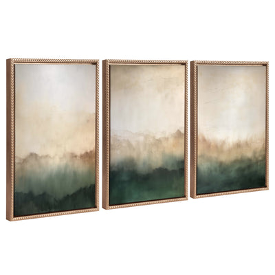 Sylvie Green Mountain Abstract I, II and III framed canvas art set showing layered green mountains with soft misty brushstrokes