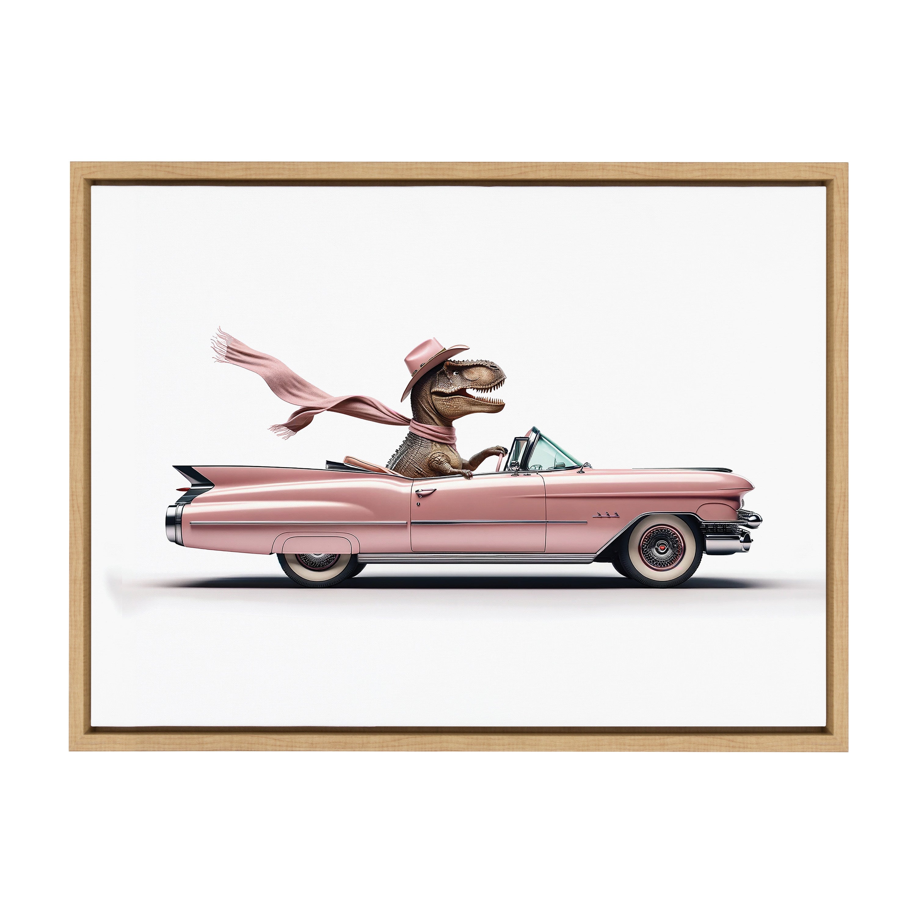 Sylvie Cowgirl Dino Driving 1950s Pink Cadillac Framed Canvas by Saint and Sailor Studios