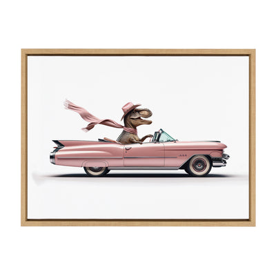 Sylvie Cowgirl Dino Driving 1950s Pink Cadillac Framed Canvas by Saint and Sailor Studios