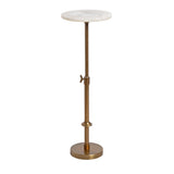 Tall adjustable side table with a round white marble top and brushed brass metal pedestal base featuring a wingnut for height adjustment.