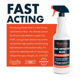 White spray bottle labeled Made Here Leak Detector Blue with a dark blue and orange trigger, shown against an orange and white background with product description text