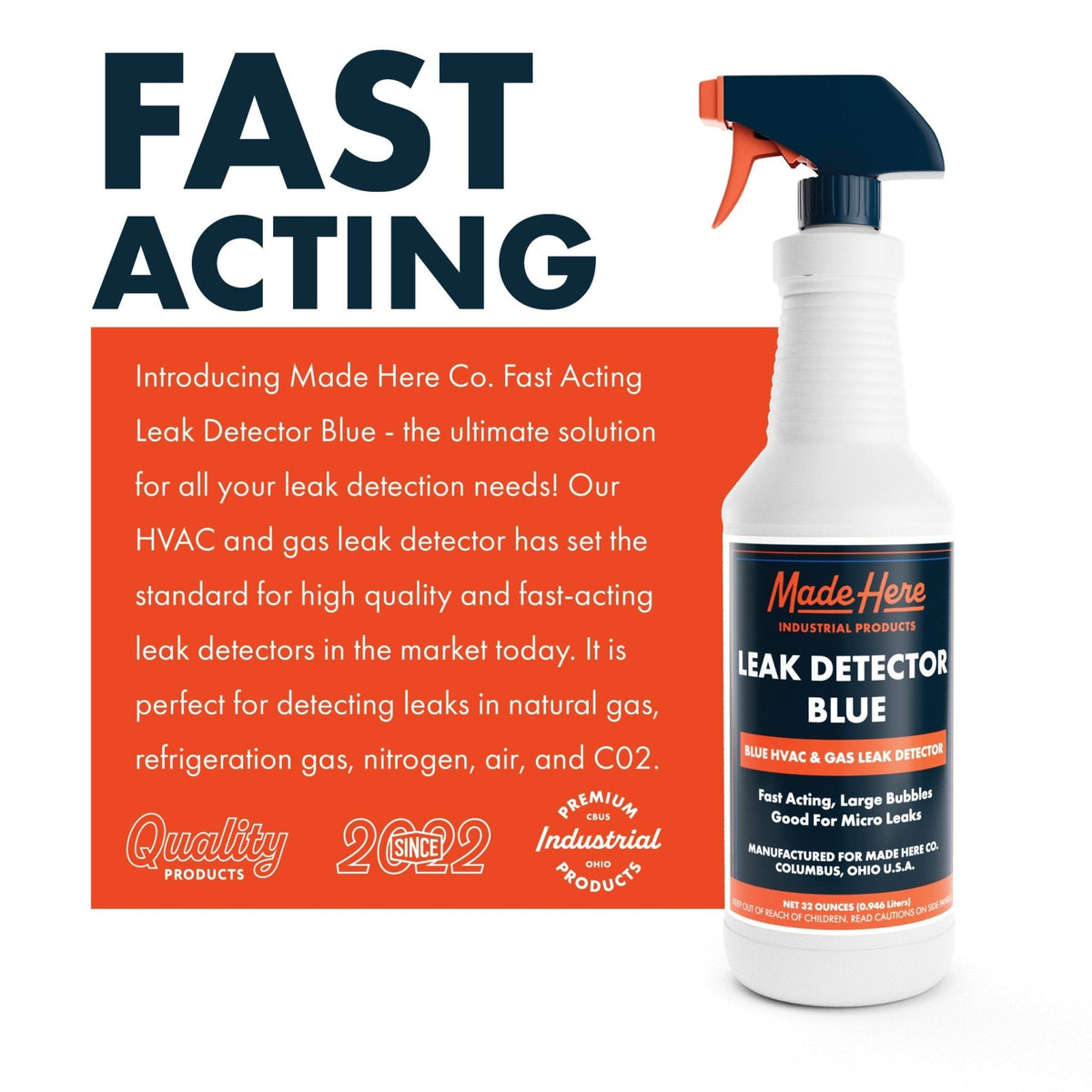 White spray bottle labeled Made Here Leak Detector Blue with a dark blue and orange trigger, shown against an orange and white background with product description text
