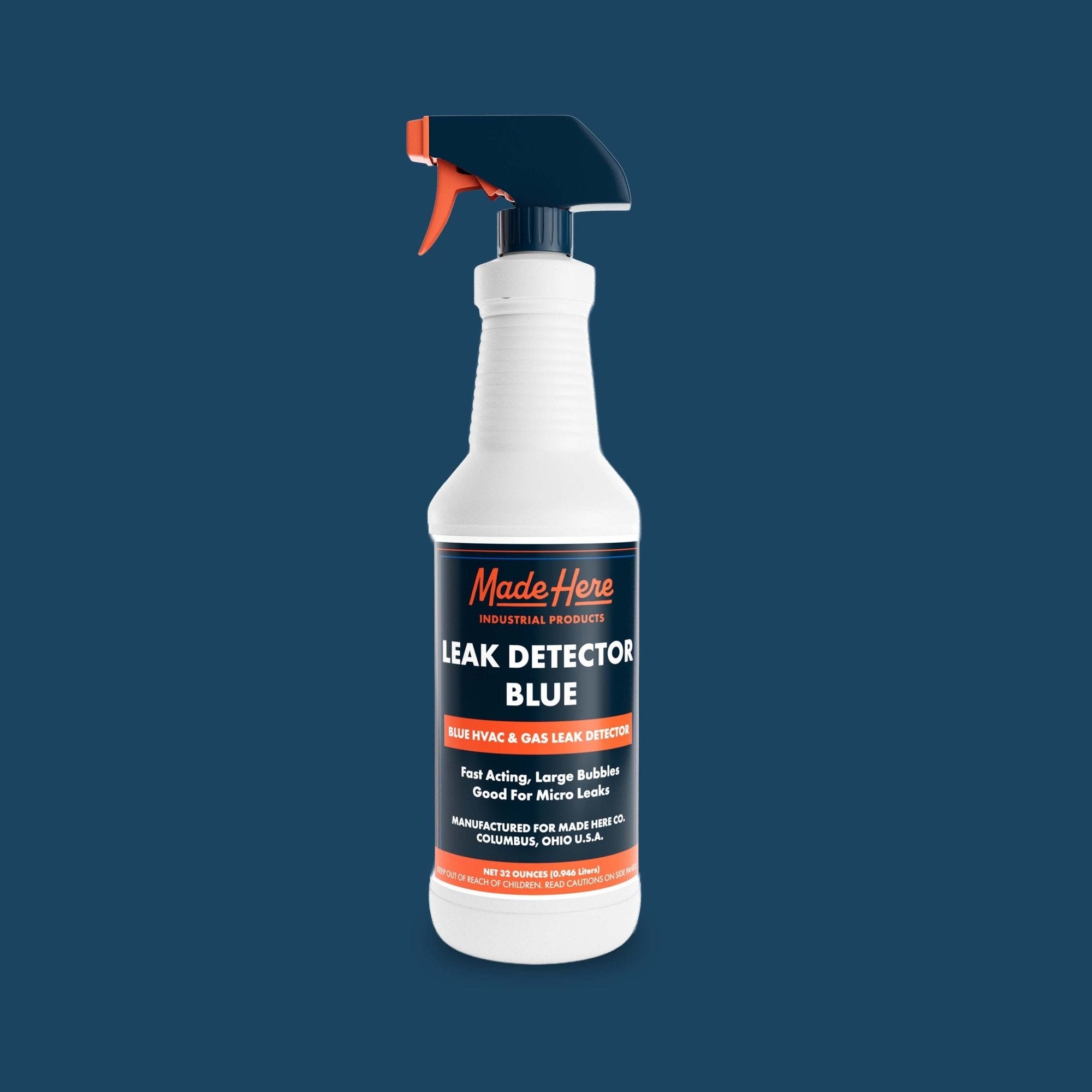 Multiple images of Leak Detector Blue bottles showing 32 oz and 1 gallon sizes