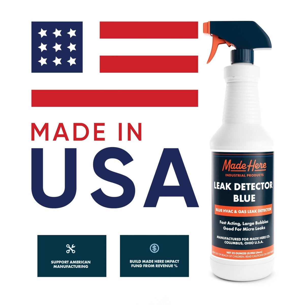 Spray bottle of Made Here Leak Detector Blue with blue and red label, white body, and black and orange spray nozzle, alongside stylized USA flag and manufacturing support icons.