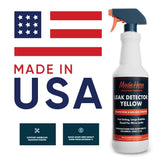 Spray bottle labeled Leak Detector Yellow with orange trigger and navy blue and orange text, positioned beside a stylized American flag and bold 'Made in USA' text.