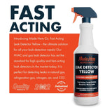 White spray bottle labeled Made Here Leak Detector Yellow with navy blue and orange accents, featuring a dark blue trigger spray top and product details in black and yellow text.