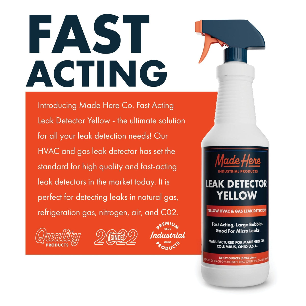 White spray bottle labeled Made Here Leak Detector Yellow with navy blue and orange accents, featuring a dark blue trigger spray top and product details in black and yellow text.