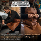 Handcrafted leather work apron with adjustable straps and front pockets by Sharky Forged Steel Tools