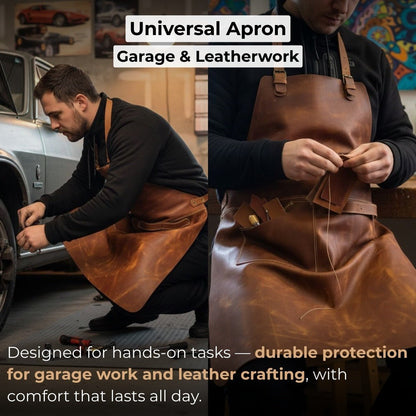 Handcrafted leather work apron with adjustable straps and front pockets by Sharky Forged Steel Tools