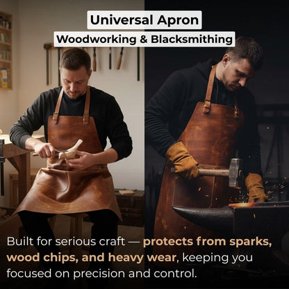 Handcrafted leather work apron with adjustable straps and front pockets by Sharky Forged Steel Tools