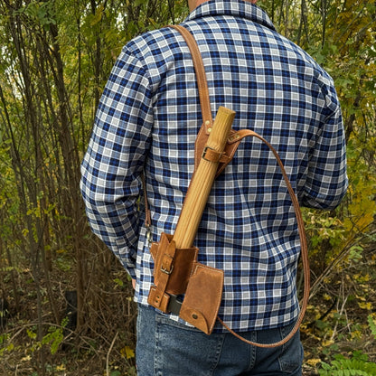 Leather axe case with adjustable shoulder straps by Sharky Forged Steel Tools