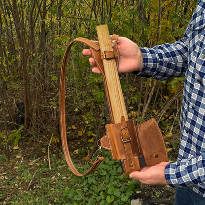 Leather axe case with adjustable shoulder straps by Sharky Forged Steel Tools