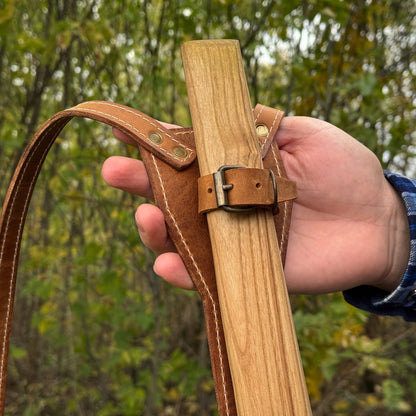 Leather axe case with adjustable shoulder straps by Sharky Forged Steel Tools
