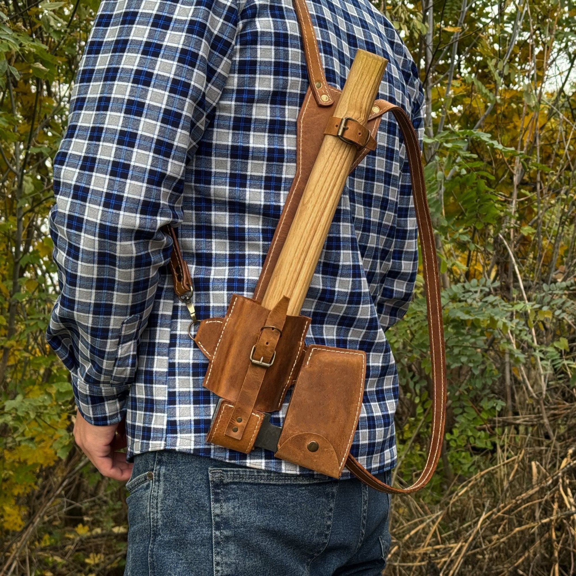 Leather axe case with adjustable shoulder straps by Sharky Forged Steel Tools