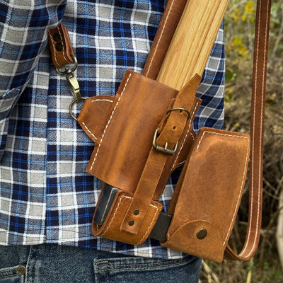 Leather axe case with adjustable shoulder straps by Sharky Forged Steel Tools