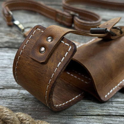 Leather axe case with adjustable shoulder straps by Sharky Forged Steel Tools