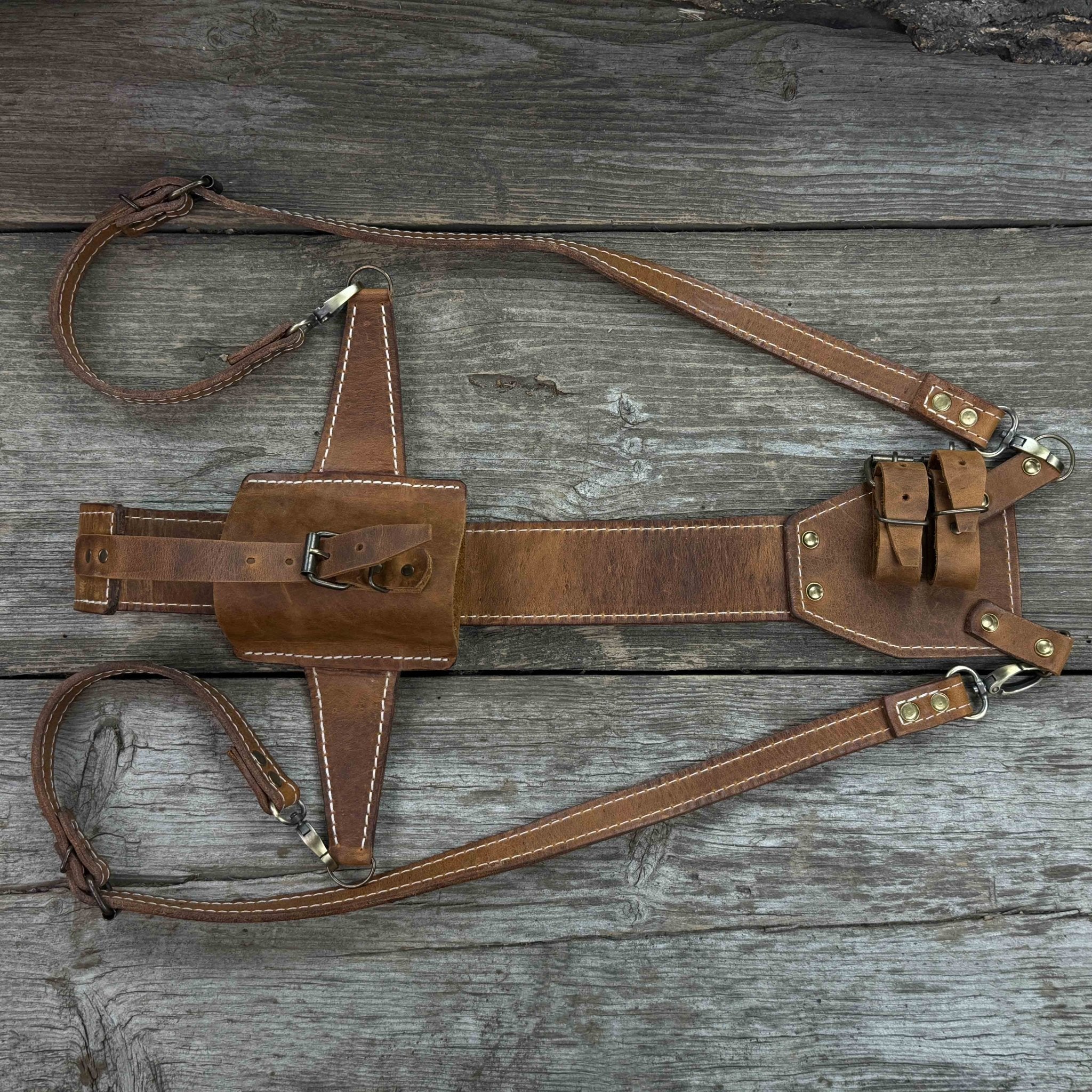 Leather axe case with adjustable shoulder straps by Sharky Forged Steel Tools