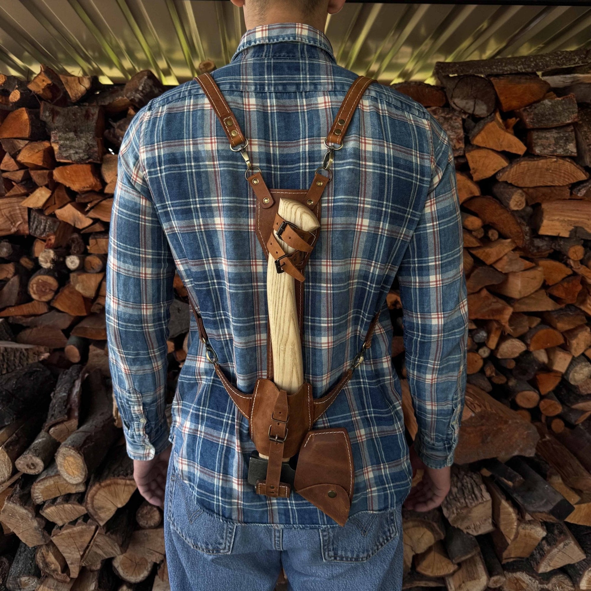 Leather axe case with adjustable shoulder straps by Sharky Forged Steel Tools