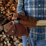 Leather axe case with adjustable shoulder straps by Sharky Forged Steel Tools