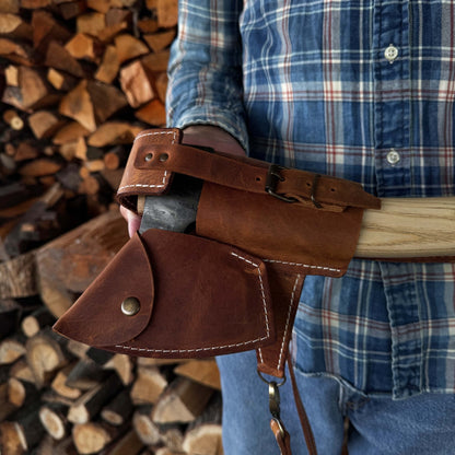 Leather axe case with adjustable shoulder straps by Sharky Forged Steel Tools