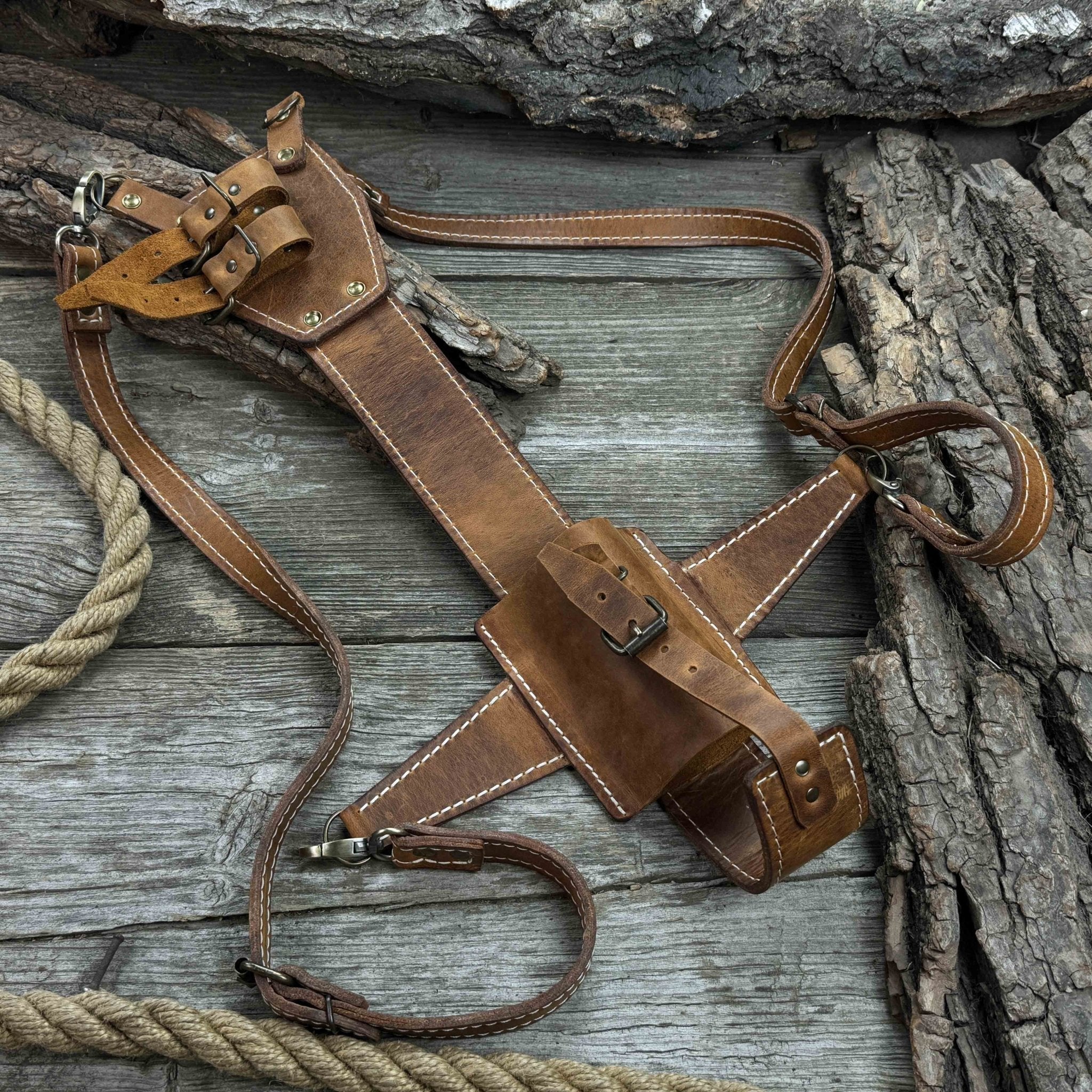 Leather axe case with adjustable shoulder straps by Sharky Forged Steel Tools