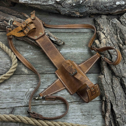 Leather axe case with adjustable shoulder straps by Sharky Forged Steel Tools