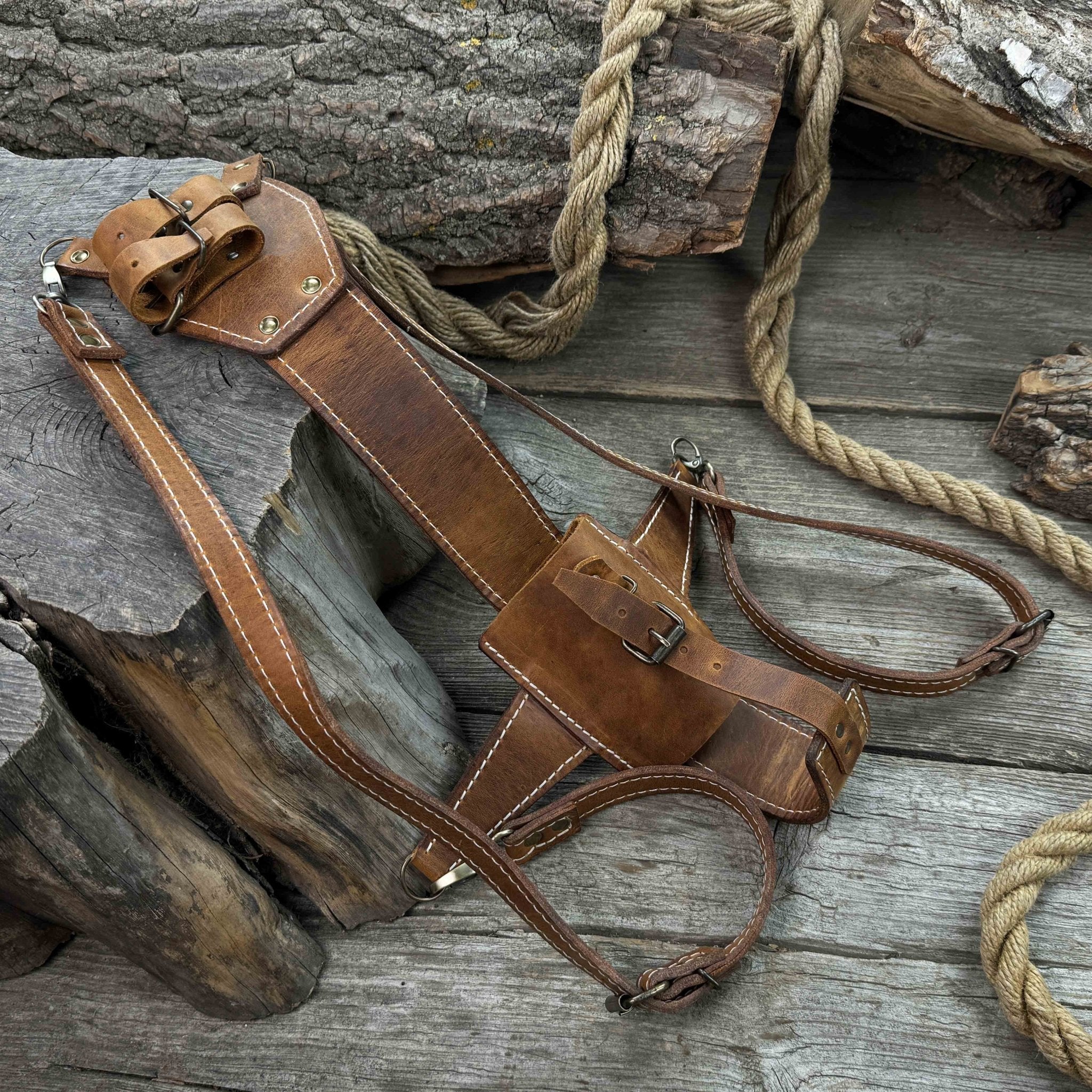 Leather axe case with adjustable shoulder straps by Sharky Forged Steel Tools