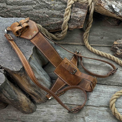 Leather axe case with adjustable shoulder straps by Sharky Forged Steel Tools