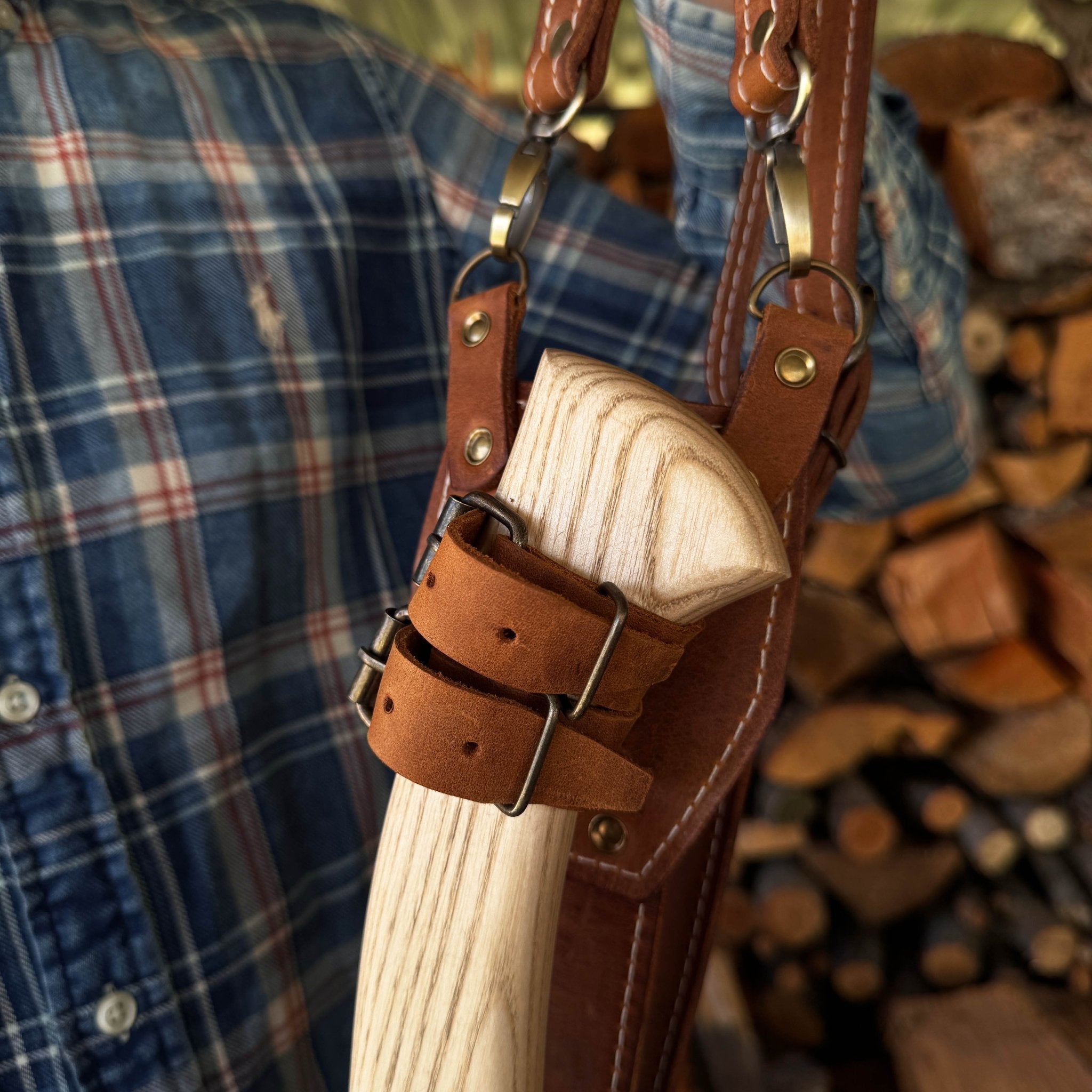 Leather axe case with adjustable shoulder straps by Sharky Forged Steel Tools