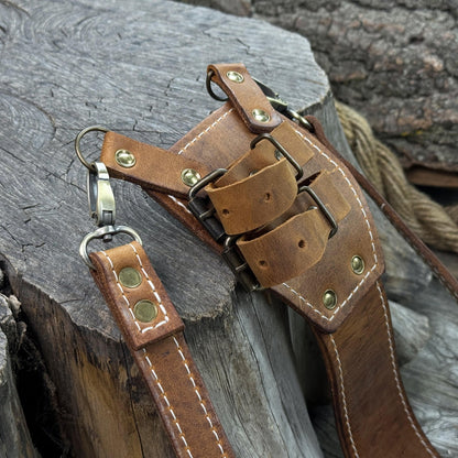 Leather axe case with adjustable shoulder straps by Sharky Forged Steel Tools