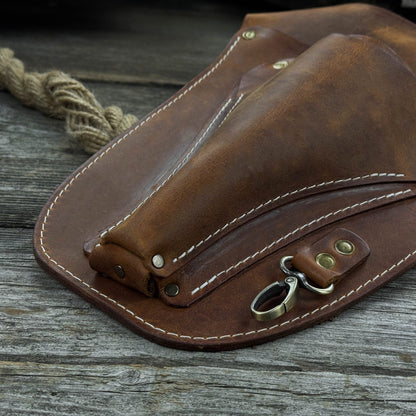 Leather Belt Tool Pouch made from Crazy Horse leather with adjustable strap and multiple compartments