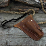 Leather Belt Tool Pouch made from Crazy Horse leather with adjustable strap and multiple compartments