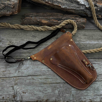 Leather Belt Tool Pouch made from Crazy Horse leather with adjustable strap and multiple compartments