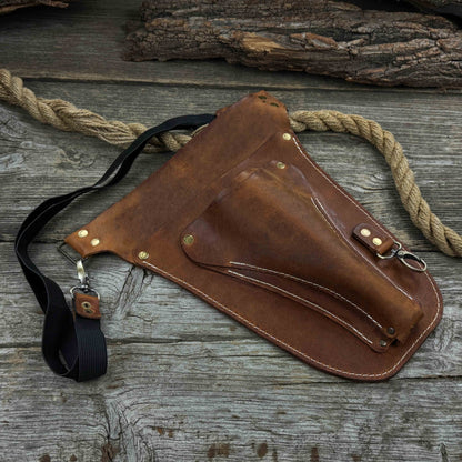 Leather Belt Tool Pouch made from Crazy Horse leather with adjustable strap and multiple compartments