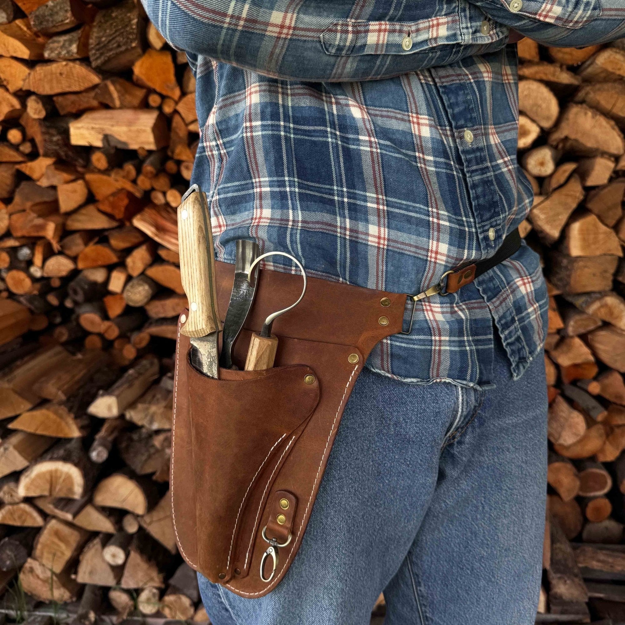 Leather Belt Tool Pouch made from Crazy Horse leather with adjustable strap and multiple compartments