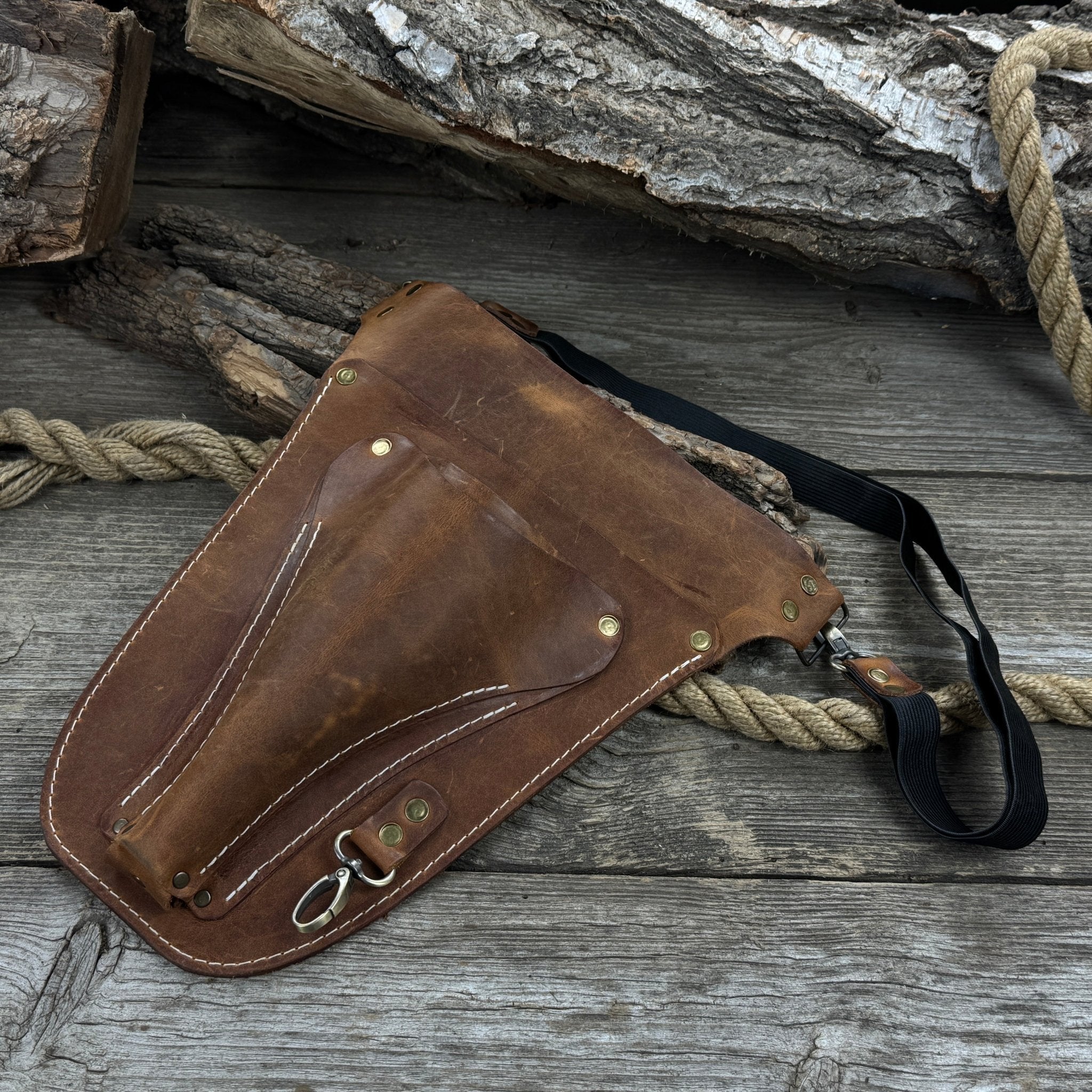 Leather Belt Tool Pouch made from Crazy Horse leather with adjustable strap and multiple compartments