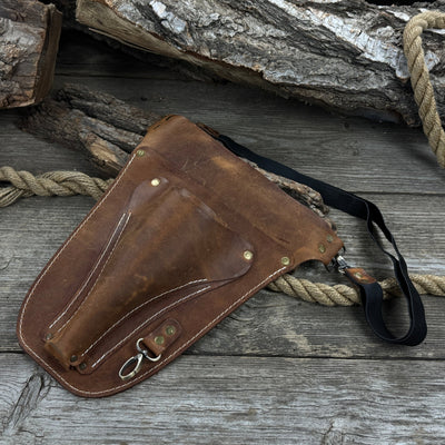 Leather Belt Tool Pouch made from Crazy Horse leather with adjustable strap and multiple compartments