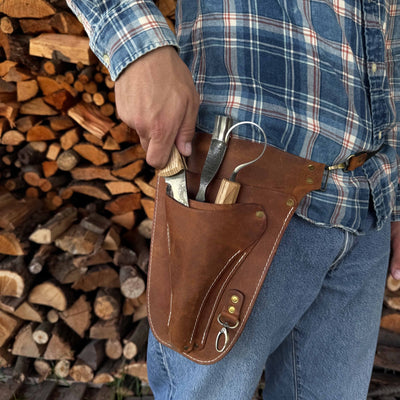Leather Belt Tool Pouch made from Crazy Horse leather with adjustable strap and multiple compartments