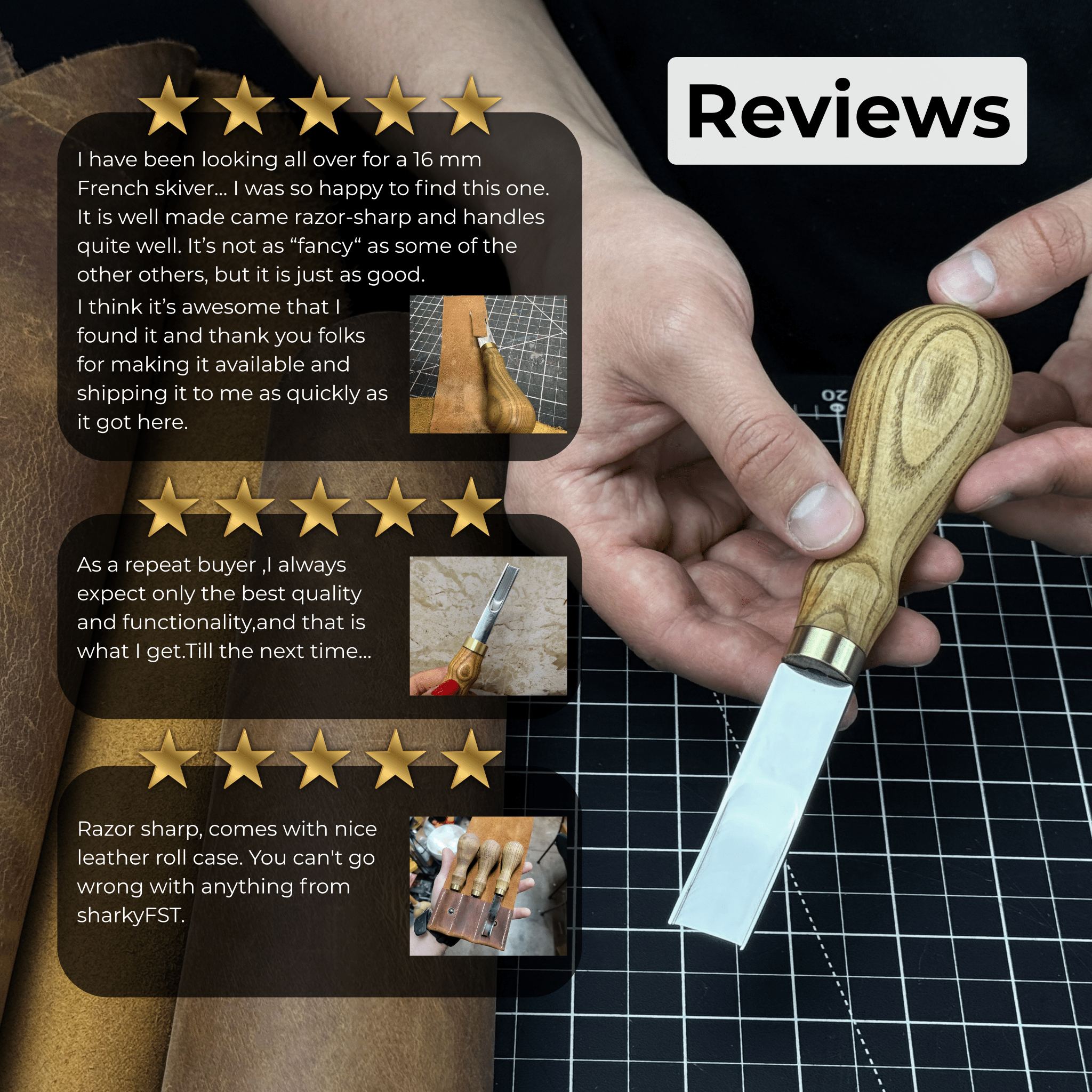 Leather Edge Skiver tool with Ash wood handle and polished steel blade