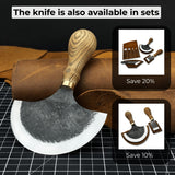 Leather Round Half Moon Knife 10.5 cm with ash wood handle and carbon steel blade