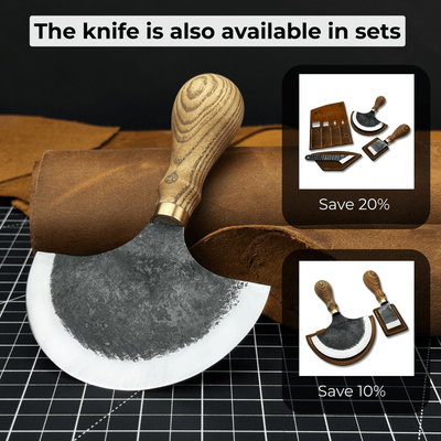 Leather Round Half Moon Knife 10.5 cm with ash wood handle and carbon steel blade