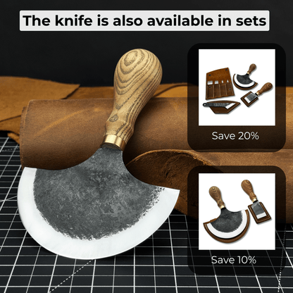 Leather Round Half Moon Knife 10.5 cm with ash wood handle and carbon steel blade