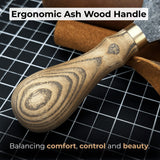 Leather Round Half Moon Knife 10.5 cm with ash wood handle and carbon steel blade