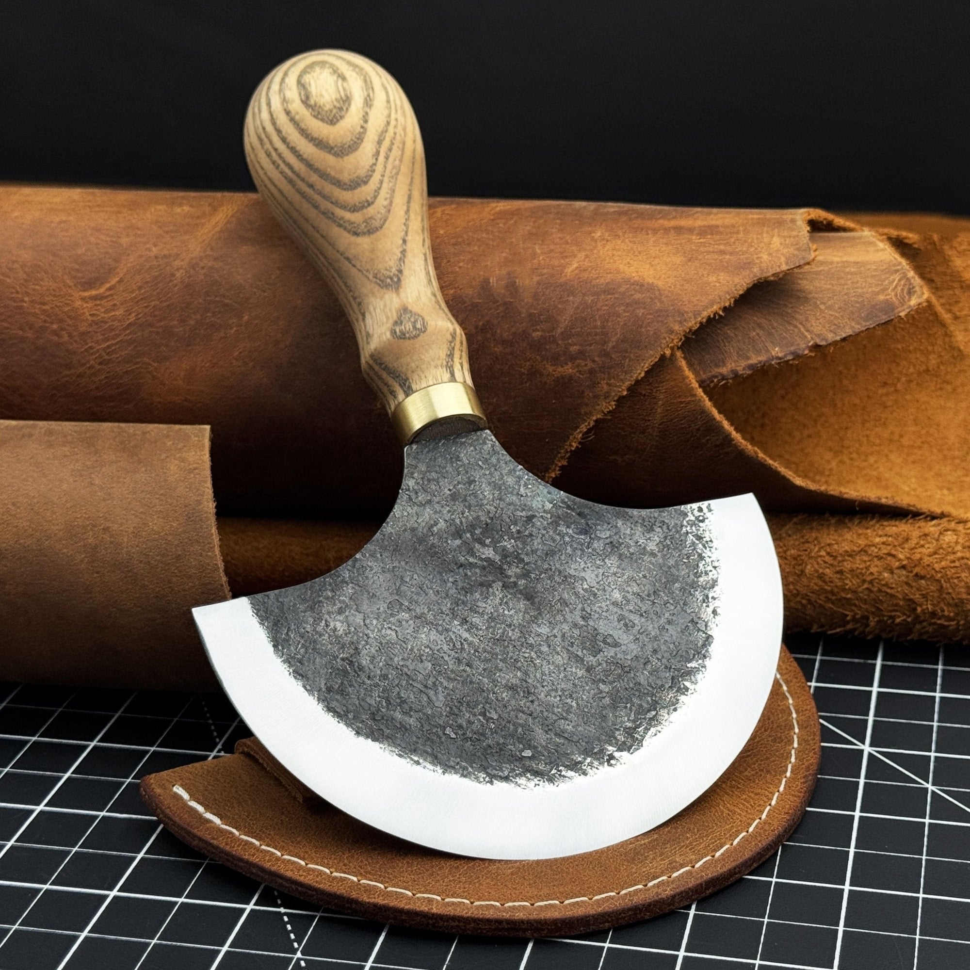 Leather Round Half Moon Knife 10.5 cm with ash wood handle and carbon steel blade
