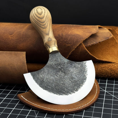 Leather Round Half Moon Knife 10.5 cm with ash wood handle and carbon steel blade