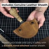 Leather Round Half Moon Knife 10.5 cm with ash wood handle and carbon steel blade