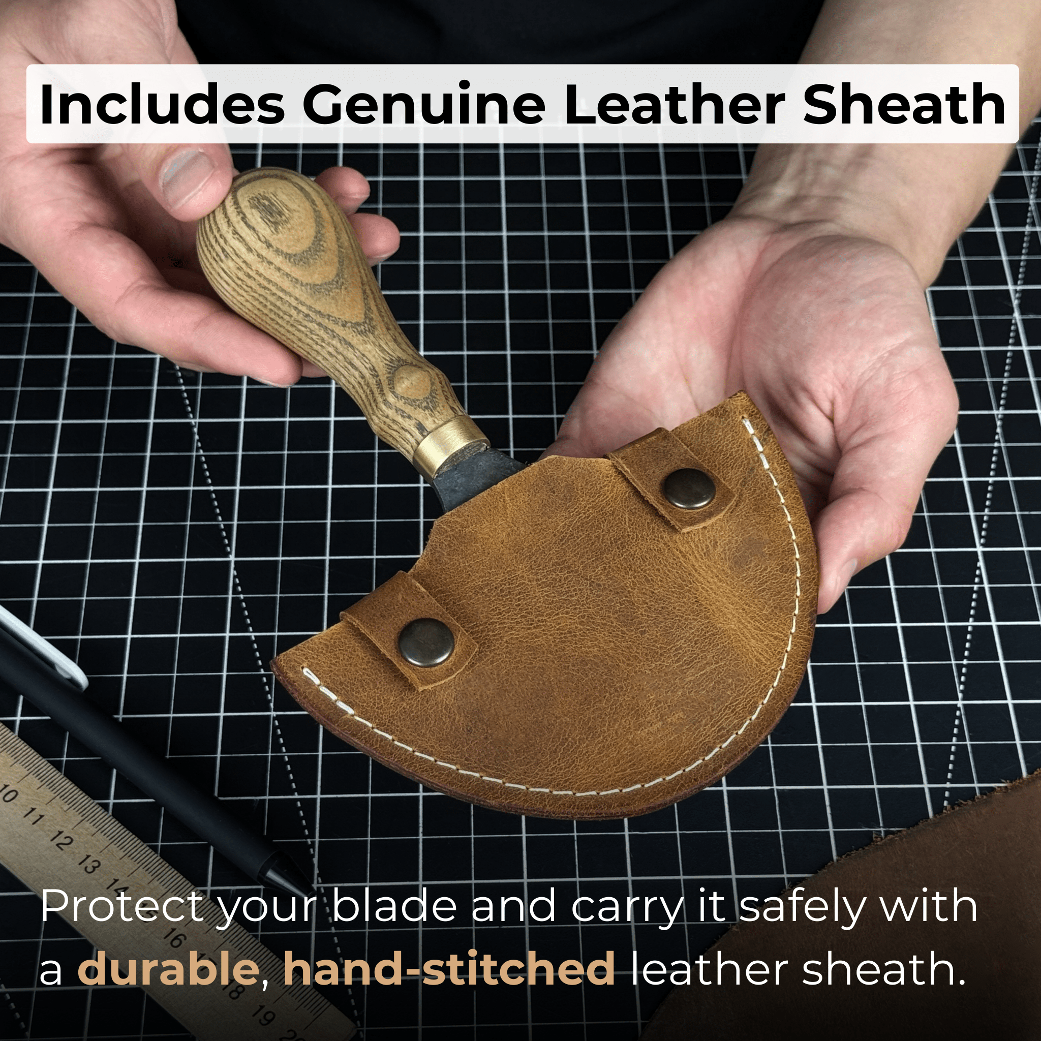 Leather Round Half Moon Knife 10.5 cm with ash wood handle and carbon steel blade